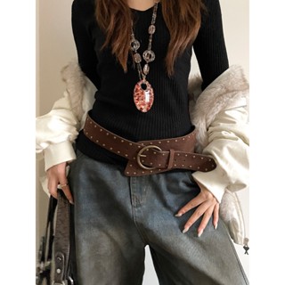 Retro American Punk สไตล์ Suede Rivets เข็มขัดกว้างผู้หญิงออ…