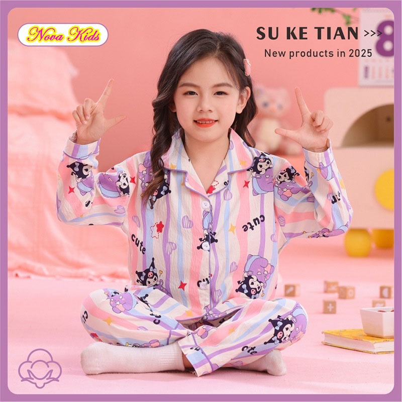 ชุดนอนเด็ก ชุดนอนสาว ชุดเด็ก ชุด 2 ชิ้น แขนยาว + กางเกงขายาว รูปแบบการ์ตูนน่ารัก รุ่นใหม่ [จัดส่งจากประเทศไทย] 120-155cm