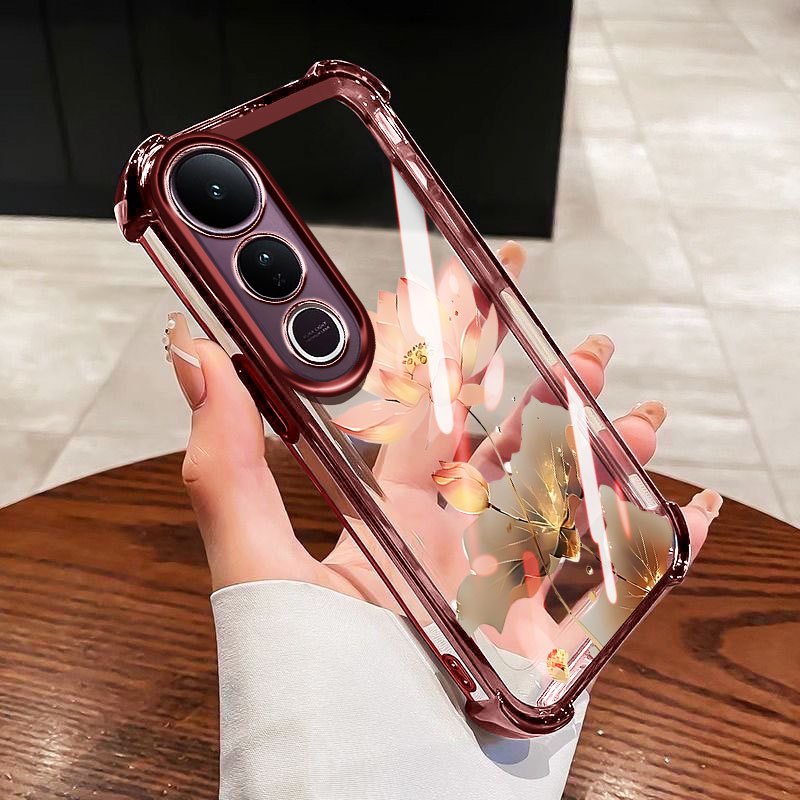 YBD สําหรับ Vivo V60 Lite Y200 Y300 V40 Lite V50 Lite V50E V40 Pro 5G น้ํามันเงิน Lotus TPU ซิลิโคนนุ่ม Anti Drop สี่มุมถุงลมนิรภัย Shell