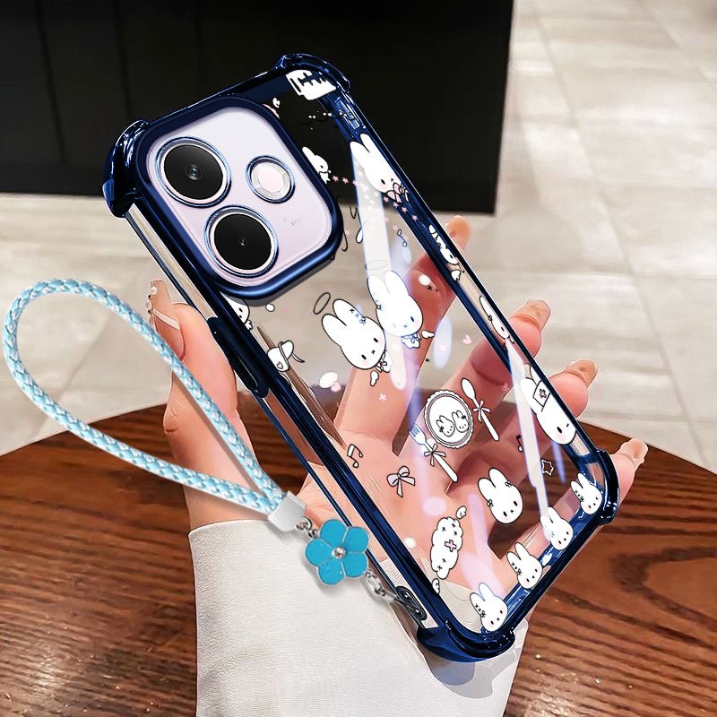 YBD สําหรับ OPPO A6C A5i A5 Pro A5X A3X A60 A3 NFC A40 A40M 4G 5G เต็มหน้าจอการ์ตูนกระต่าย Clear Anti Fall Shell พร้อมเชือกเส้นเล็ก