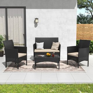 Patio Furniture 4 Pieces Conversation Sets Outdoor Wicker Rattan Chairs Garden Backyard Balcony Porch Poolside loveseat with Soft Cushion and Glass Table