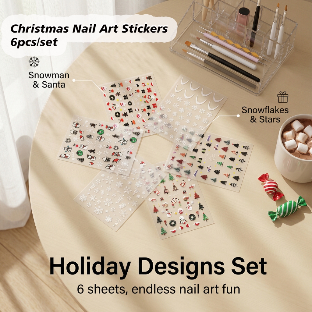 6 ชิ้น/เซ็ตคริสต์มาส Snowman Christmas Tree Santa Claus สติ๊กเกอร์ติดเล็บ Kawaii สติกเกอร์ DIY อุปกร
