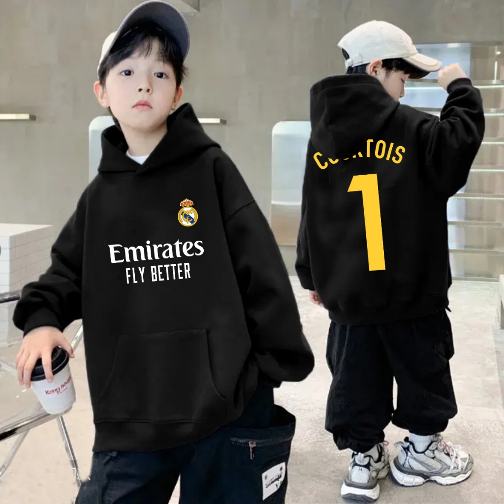 เสื้อฮู้ดเด็ก เรอัล มาดริด เสื้อกันหนาว และหมวก พิมพ์ลายตามความต้องการ (Emirates) Kids Hoodie  Cotton 100% ไม่หดตัวหรือยับ #03