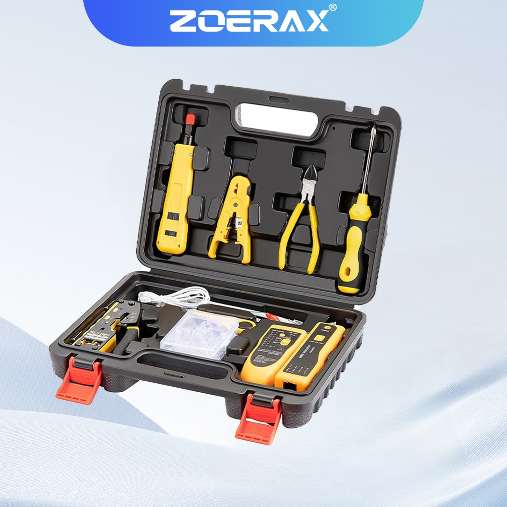 Zoerax ชุดเครื่องมือเครือข่าย, เครื่องมือจีบ RJ45 ผ่านผ่าน Crimper, ตัวติดตามลวด, เครื่องมือเจาะลง, Stripper, เครื่องตัด, ขั้วต่อ Cat6
