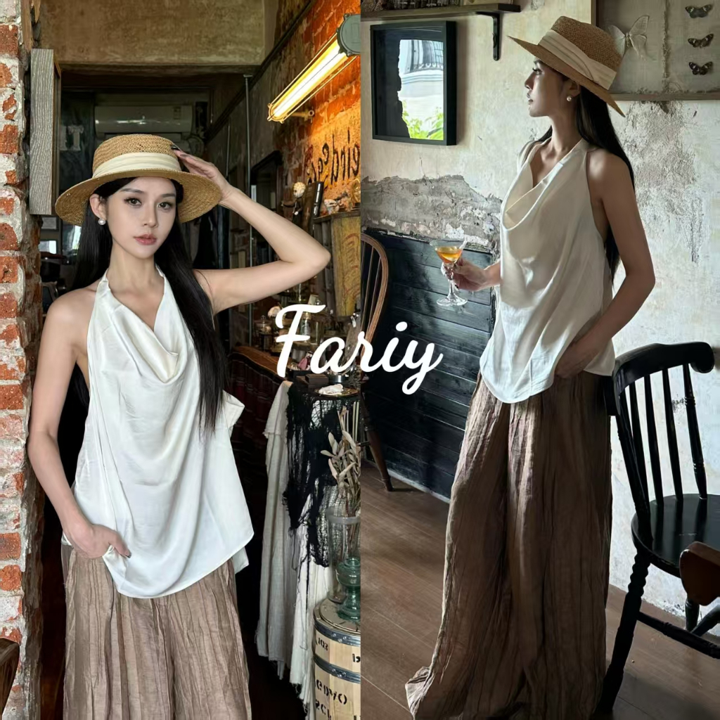 Fariy🍒คลังสินค้าพร้อม🍒 เสื้อกล้ามคอฮอลเตอร์สีขาวสำหรับผู้หญิง ดีไซน์เฉพาะฤดูร้อน สไตล์เรียบง่ายและเซ็กซี่ เสื้อเปิดหลัง สามารถสวมใส่เป็นเสื้อคลุมตัวนอกได้