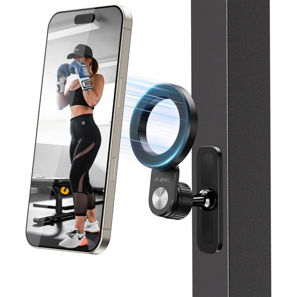APPS2Car ที่วางโทรศัพท์แม่เหล็กสําหรับ MagSafe แขนพับได้ Gym Dual แม่เหล็กฟิตเนสโทรศัพท์ Mount อุปกรณ์เสริม 360° สิ่งจําเป็นออกกําลังกายแบบพกพาแบบปรับได้สําหรับ iPhone 17-12 Series