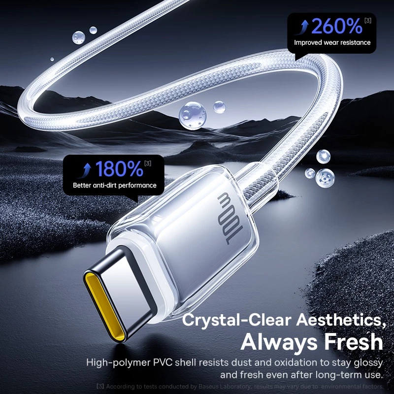 Baseus Crystal 100W/7.5W USB-A ถึง USB-C Fast CHARGING Data CABLE รถชาร์จรองรับทนทานและทําความสะอาดด้วยนวัตกรรมคริสตัล-สายออกแบบที่ชัดเจน