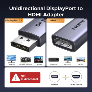 UGREEN อะแดปเตอร์ DP เป็น HDMI 8K @ 60hz, เปลือกวัสดุอลูมิเนียม 20 ซม. สายถักไนลอนสําหรับทีวี/พีซี/แล็ปท็อป