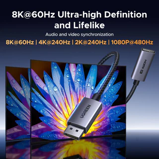 UGREEN อะแดปเตอร์ DP เป็น HDMI 8K @ 60hz, เปลือกวัสดุอลูมิเนียม 20 ซม. สายถักไนลอนสําหรับทีวี/พีซี/แล็ปท็อป