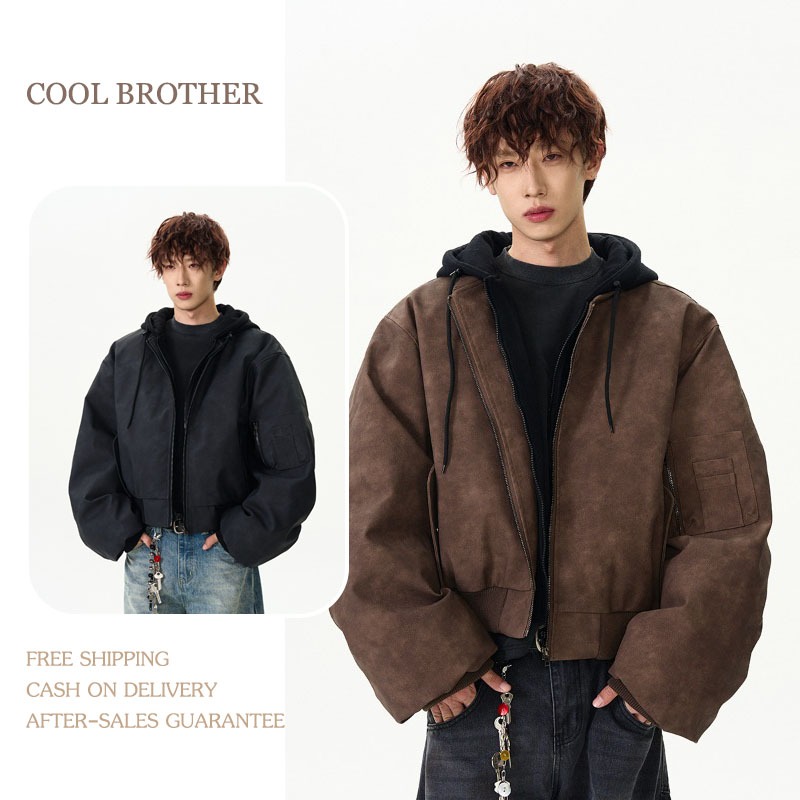แจ็คเก็ตสไตล์นักบิน อเมริกันไฮสตรีท ดีไซน์แบบสองชั้น มาพร้อมแจ็คเก็ตหนังหนา