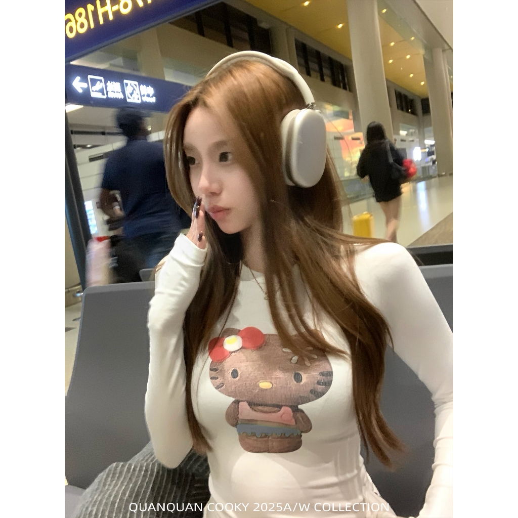 【BANKO】เสื้อยืดแขนยาวสไตล์เกาหลี ลายการ์ตูนคิตตี้ พอดีรอบคอ สีขาว สำหรับฤดูใบไม้ร่วง