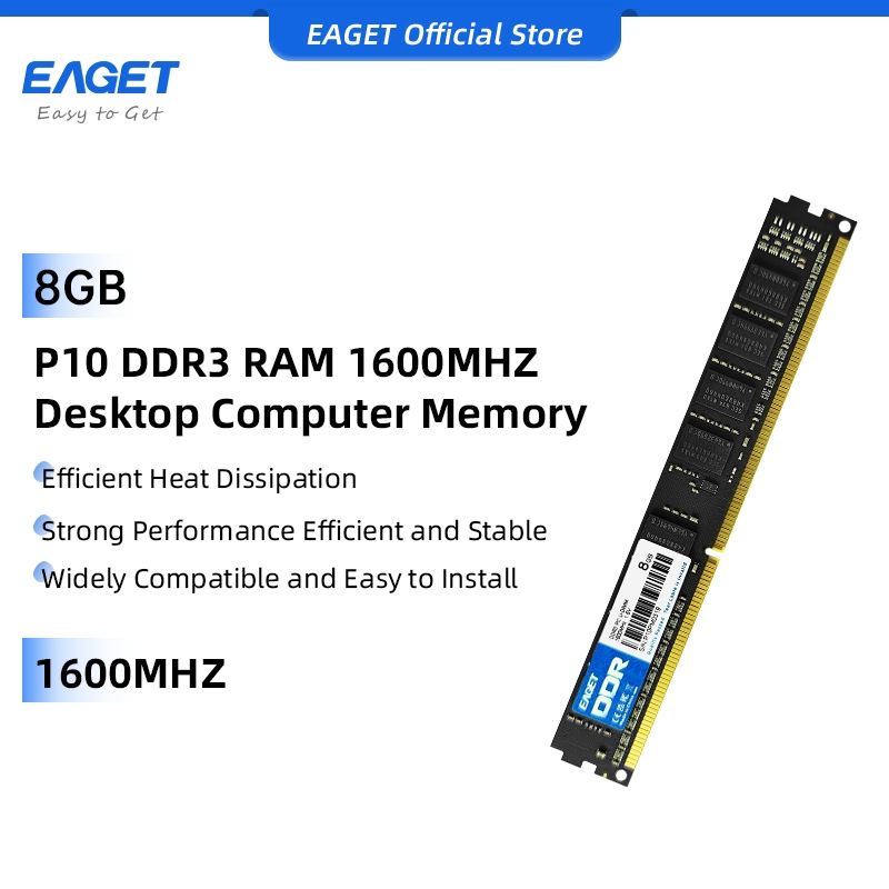 EAGET P10 หน่วยความจําเดสก์ท็อป 1600MHz เข้ากันได้กับ AMD Intel (8GB DDR3 RAM x 2 ชิ้น)