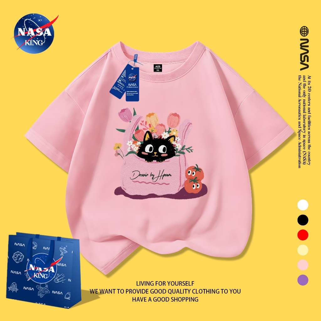 NASA เสื้อยืดน่ารักผ้าฝ้ายสำหรับเด็กผู้หญิง 1-12 ปี เสื้อแขนสั้นสไตล์เกาหลีฤดูร้อนระบายอากาศ