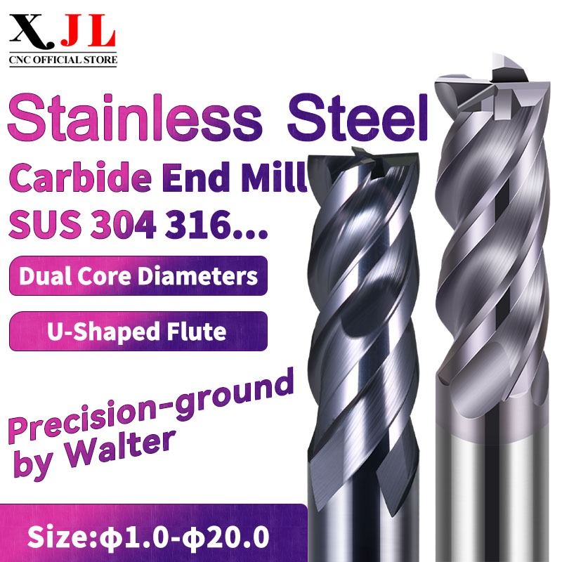 XJL สแตนเลสคาร์ไบด์ End Mill D1-D8MM 4 ขลุ่ย Double Core เส้นผ่านศูนย์กลาง U Groove Milling เครื่องต