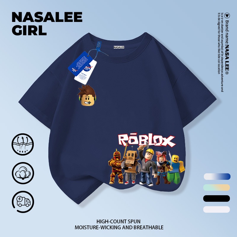 【จัดส่งทันที】เสื้อยืดเด็ก NASA สีน้ำเงินเข้ม ลายตัวต่อการ์ตูน ทรงหลวม สำหรับเด็กชาย-หญิง