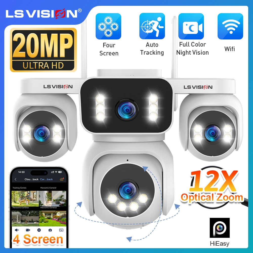 LS VISION กล้อง PTZ 4 เลนส์ 360°  กล้องวงจรปิด HD 20MP พร้อมหน้าจอ Quad, ซูม 12X และการติดตามอัตโนมัติ Dual Light Night Vision และ IP66 แอพกันน้ํา Hieasy