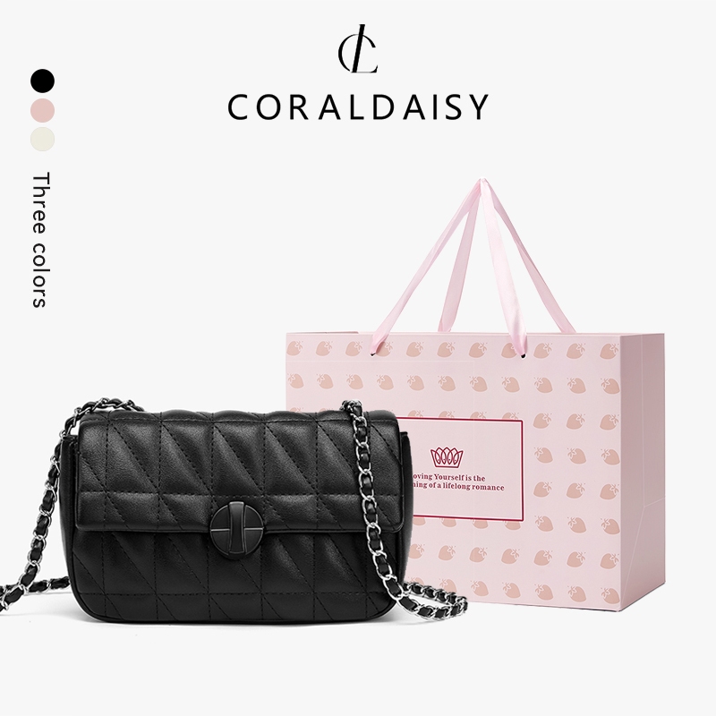 CORALDAISY รุ่นใหม่ปี 2025 กระเป๋าโซ่สีทึบ กระเป๋าสะพายข้างพนังสแนป กระเป๋าสะพายข้างเพชร สายสะพายยาว