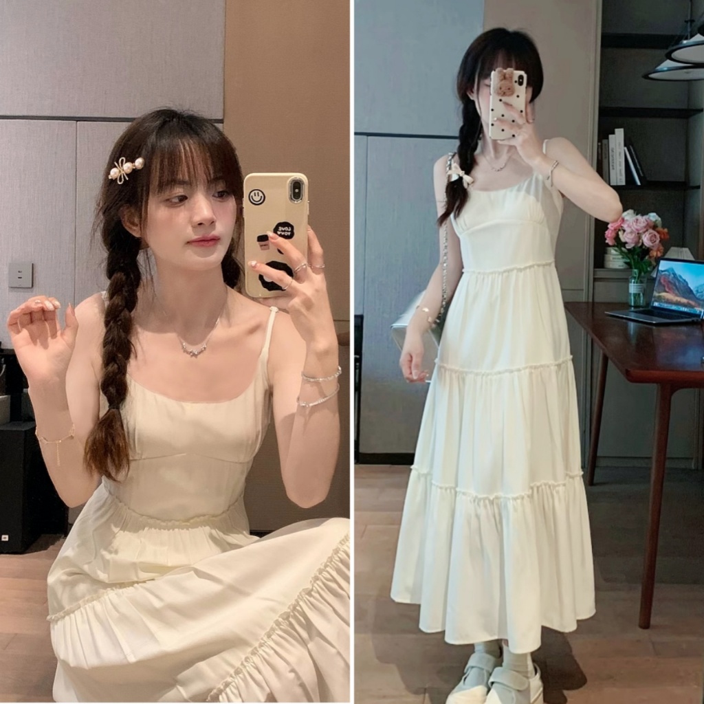 Hotgirl พร้อมส่ง เดรสยาวสไตล์เกาหลีน่ารักเซ็กซี่สายเดี่ยวสำหรับสุภาพสตรี ดีไซน์ A-line ที่เป็นเอกลักษณ์