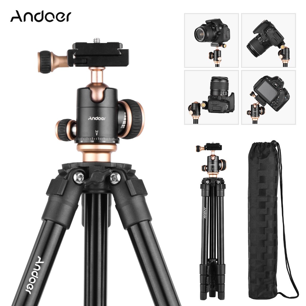 Andoer Q160SA ขาตั้งกล้องสามขา พร้อมหัวบอลพาโนรามา ปรับระดับความสูงได้ แบบพกพา สําหรับกล้องดิจิทัล D