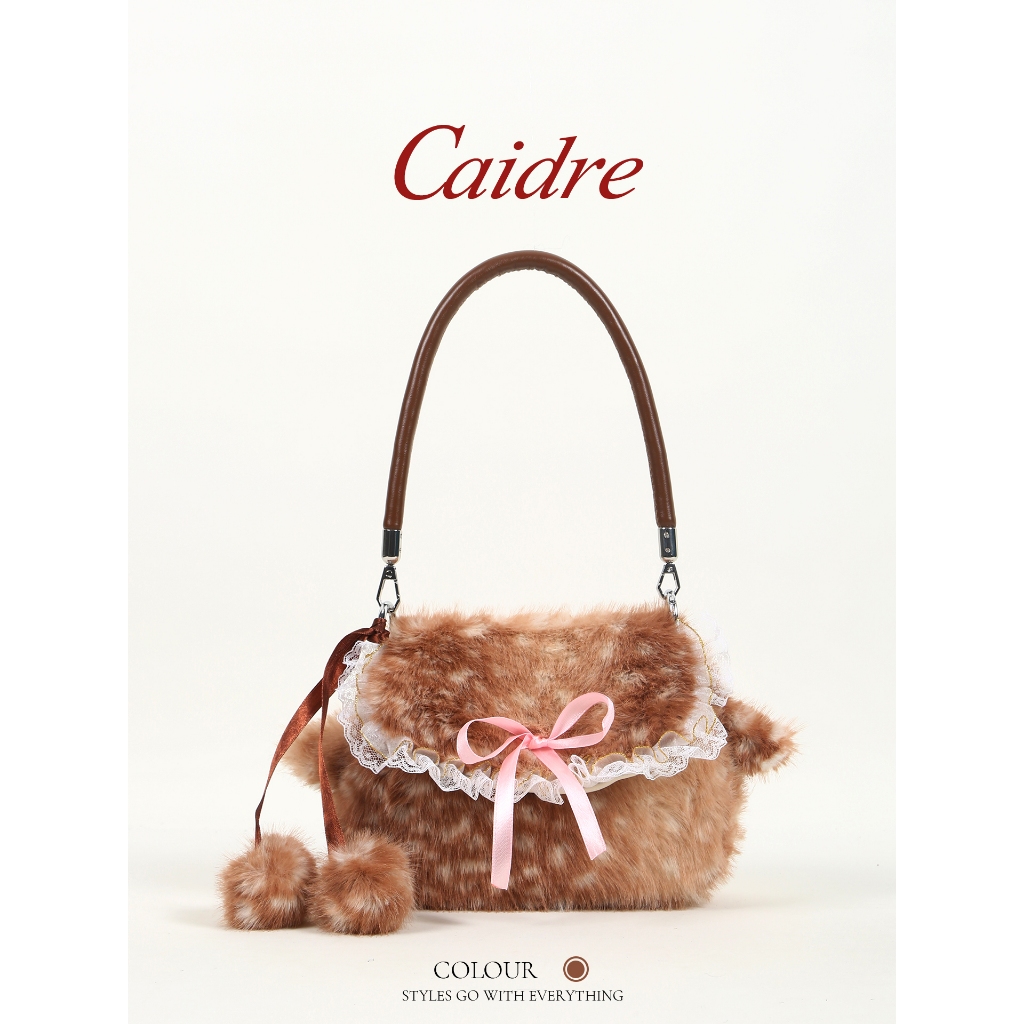 Caidre Plush Handbag Bow Underarm Bag กระเป๋าสะพาย Messenger