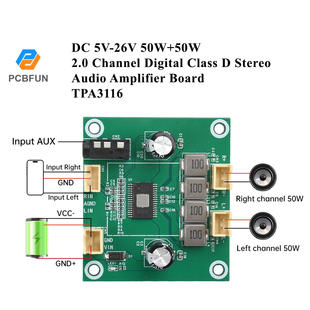 Pcbfun TPA3116 DC 5V-26V 50W + 50W 2.0 ช่องดิจิตอล Class-D สเตอริโอเครื่องขยายเสียงลําโพงสเตอริโอโมดูลดิจิตอล