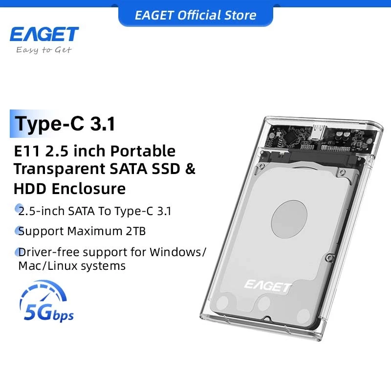 EAGET E11 2.5 นิ้ว SATA SSD และ HDD Enclosure แบบพกพาโปร่งใส (5Gbps)