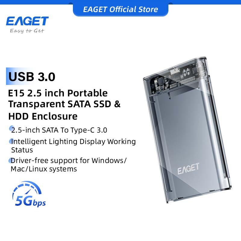 EAGET E15 2.5 นิ้ว SATA SSD และ HDD Enclosure แบบพกพาโปร่งใส With Smart Light Display (5Gbps)