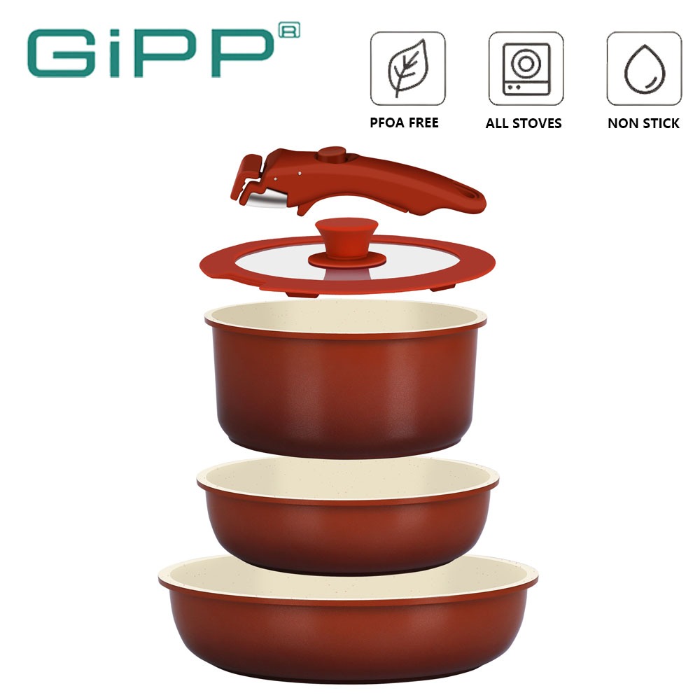 GiPP ชุดเครื่องครัวนอนสติ๊ก Handle กระทะนอนสติ๊กแบบถอดได้ เหมาะสําหรับเตาทั้งหมด (5 ชิ้น ชุด)