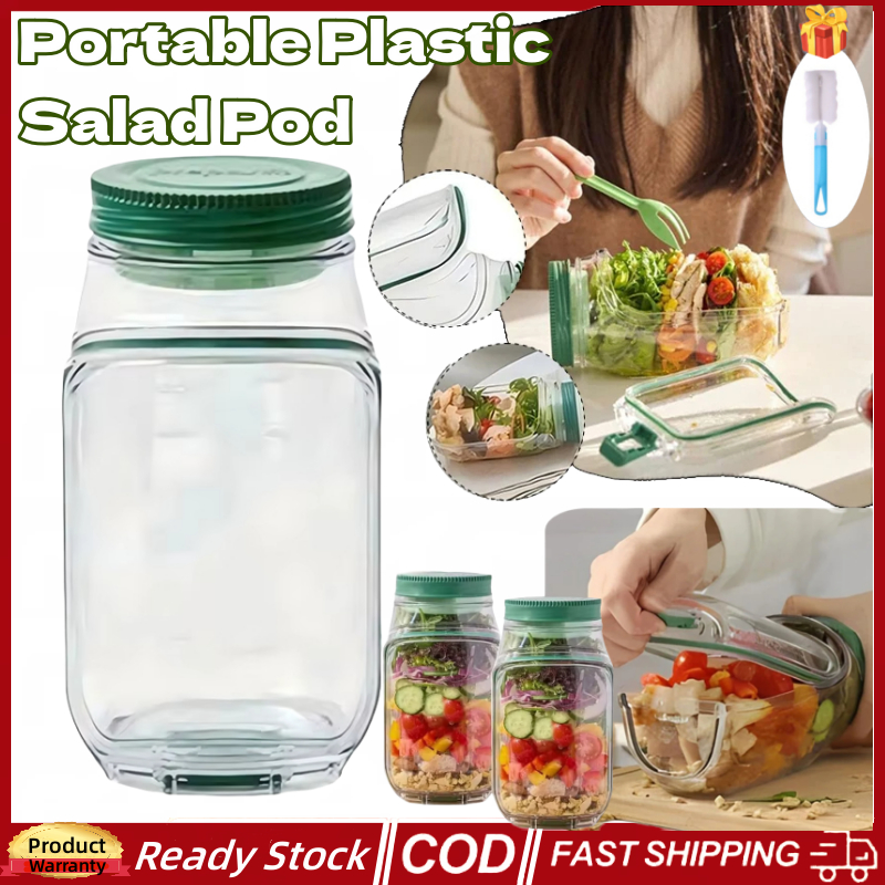 🚀ส่งจากไท🚀สลัดพลาสติกกันรั่ว Pod Jar 1000ml แนวตั้งแบ่งชั้นสลัดคอนเทนเนอร์พร้อมฝาปิดด้านข้างอาหารเช้าแบบพกพาผลไม้เก็บสดกล่องสําหรับปิกนิกโฮมออฟฟิศเดินทาง