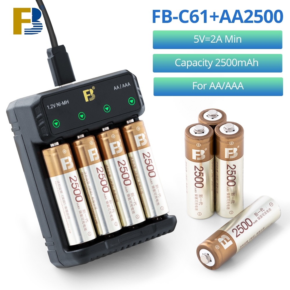 FB FB FB FBC61 เครื่องชาร์จพร้อมแบตเตอรี่ 4 ชิ้น 2500mAh แบตเตอรี่ AAA แบบชาร์จไฟได้สําหรับรีโมทคอนโ