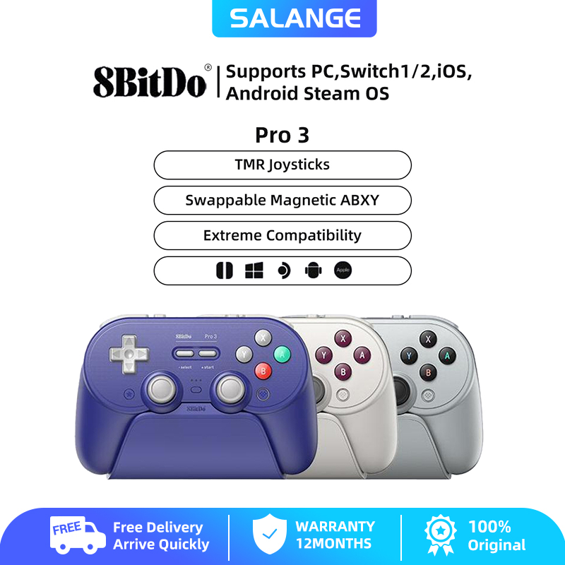 SALANGE 8BitDo Pro 3 ตัวควบคุมเกมบลูทูธเกมแพดไร้สายพร้อมจอยสติ๊ก TMR,ทริกเกอร์แบบสลับ,ปุ่มแบบถอดเปลี