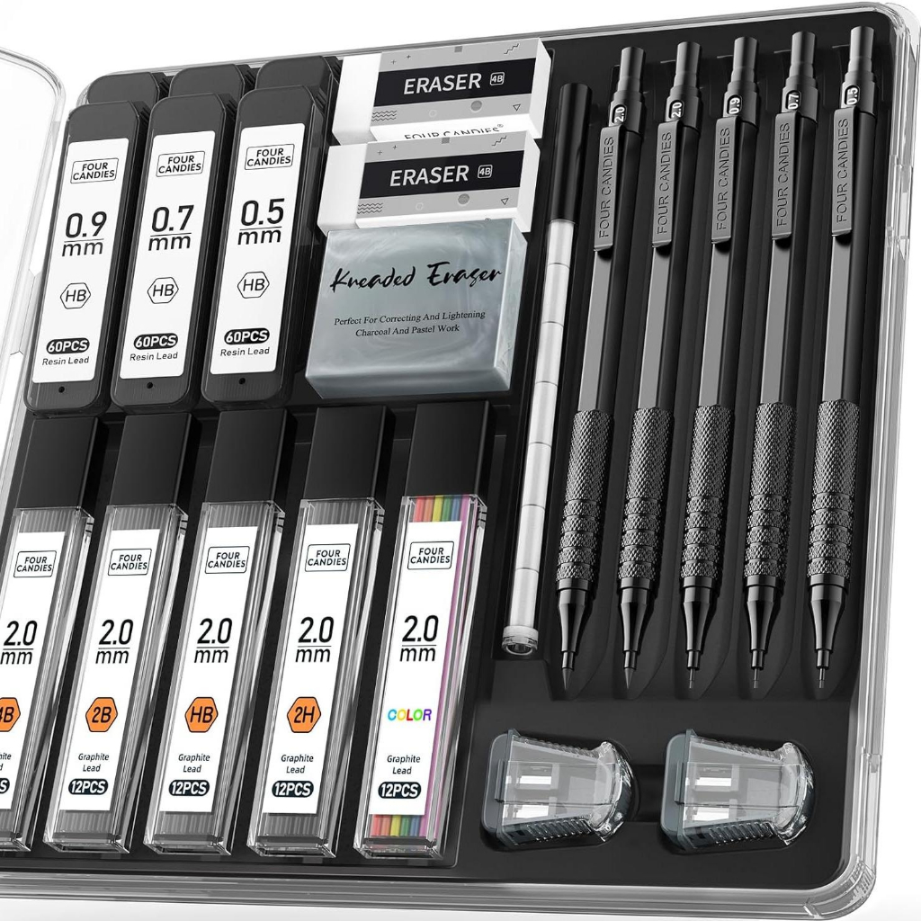 Four Candies ชุด ดินสอกด โลหะ สำหรับ ศิลปิน พร้อม ไส้ดินสอ เกรด HB สำหรับ งาน วิศวกรรม ศิลปะ การเขียน การวาด และ การร่างแบบ