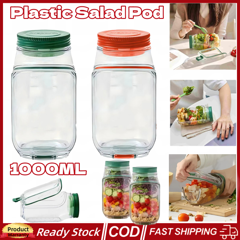 1000ml แบบพกพาสลัด Pod Mason Jar ด้านข้างเปิด-ป้องกันการรั่ว Dressing คอนเทนเนอร์พลาสติกแบบใช้ซ้ําได้สลัดคอนเทนเนอร์ช่องซอส,ตู้แช่แข็ง/เครื่องล้างจานปลอดภัย