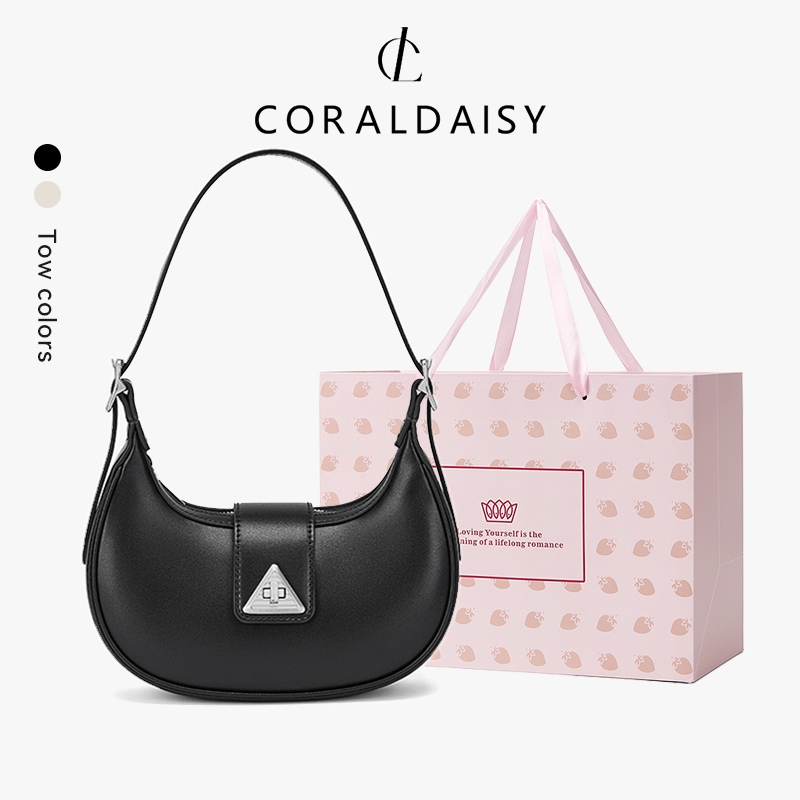 CORALDAISY สง่างาม กระเป๋าพระจันทร์เสี้ยว สายสะพายยาว ปุ่มหมุน กระเป๋าสะพายข้าง สีทึบ กระเป๋าสะพาย