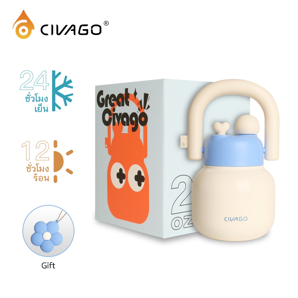 CIVAGO（24oz/720ml）แก้วน้ําฟางสแตนเลสขวดน้ําความจุขนาดใหญ่พร้อมที่จับของขวัญรั่วซึมน่ารัก