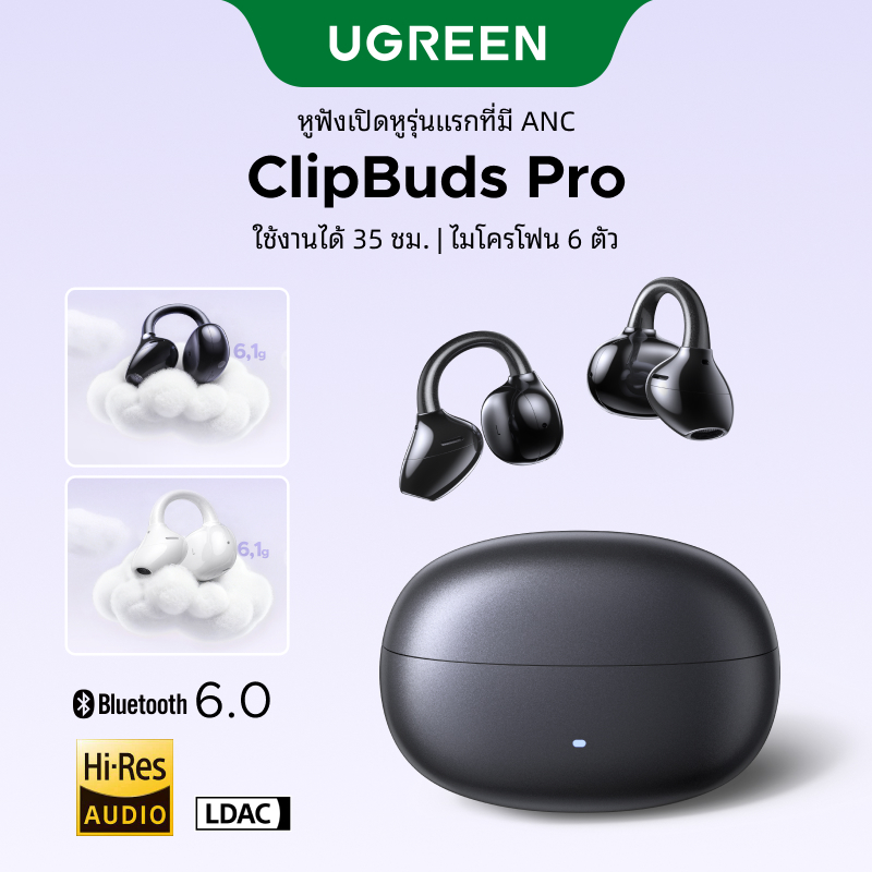 UGREEN ClipBuds Pro หูฟังแบบหนีบรุ่นแรกที่มีระบบตัดเสียงรบกวน ANC หูฟังบลูทูธไร้สาย Hi-Res LDAC แบบเ