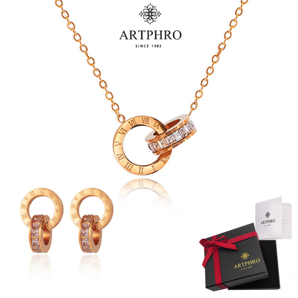 ARTPHRO สร้อยคอจี้สองห่วงและต่างหูสองห่วง ทำจากเหล็กไททาเนียม ดีไซน์เลขโรมัน