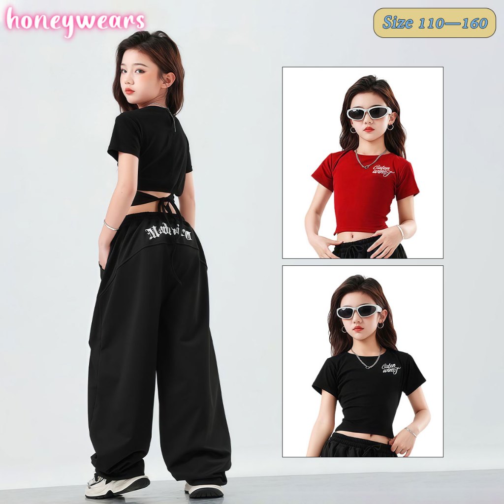 honeywears⚡พร้อมส่ง⚡ชุดแสดงสำหรับเด็ก ชุดเต้นแจ๊สเด็กผู้หญิง สไตล์เท่ แบบสวย ฮิปฮอปลำลอง สไตล์สตรีท เต้นฮิปฮอป รุ่นใหม่ ใส่สบายมาก ไซส์ 110-160