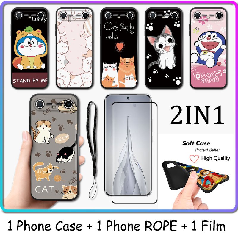 2 IN 1 สําหรับ Tecno Spark Slim Pova Slim 5G KM7K เคสโทรศัพท์เซรามิคกระจกนิรภัยป้องกันหน้าจอ Cat และ Doraemon Design