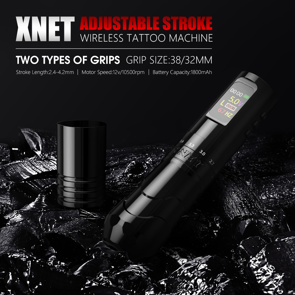 XNET Void เครื่องสักไร้สาย ปากกาสักมืออาชีพ 7 ระยะชักปรับได้ 2.4–4.2mm พร้อมกริปเสริม ใช้ได้ทั้งสักและเมคอัพ