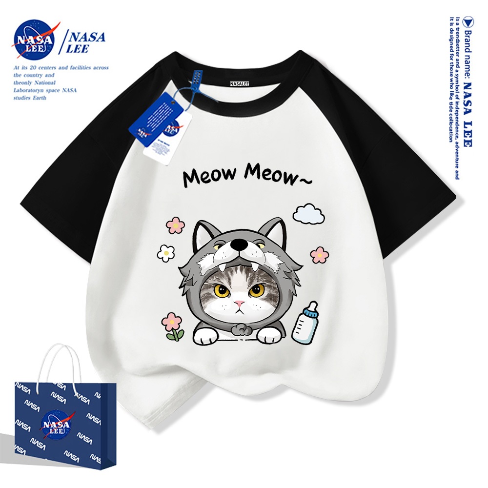 【จัดส่งวันเดียวกัน】เสื้อยืดผ้าฝ้ายเด็กลายแมวสุดน่ารัก NASA ใส่ได้ทั้งเด็กผู้ชายและเด็กผู้หญิง สวมใส่สบาย ระบายอากาศได้ดี