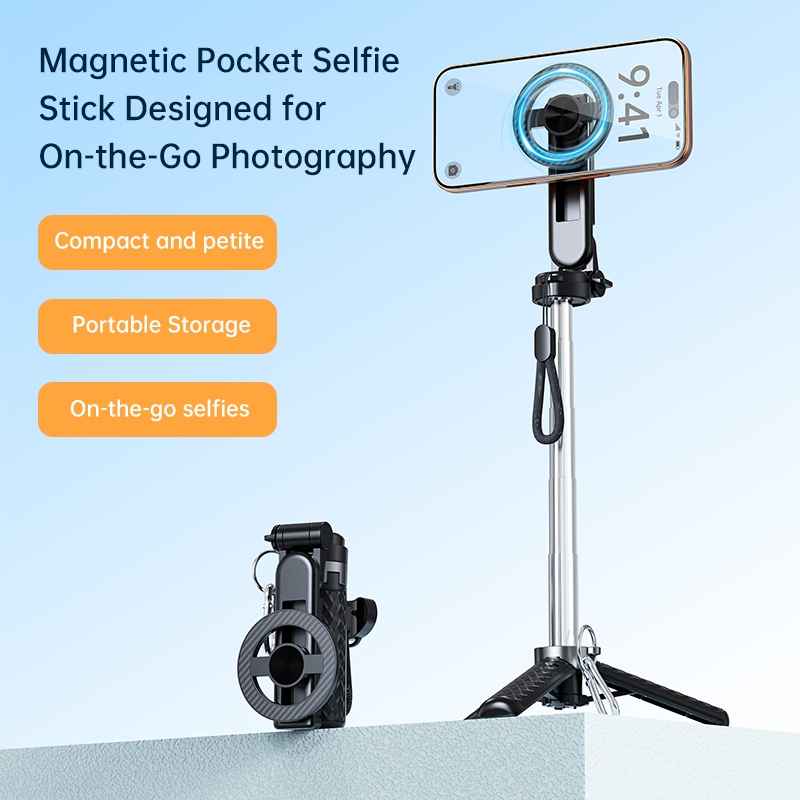 ไม้เซลฟี่ขนาดเล็กแม่เหล็กมัลติฟังก์ชั่น 4-ใน-1 พร้อม 360° หมุนที่วางโทรศัพท์แม่เหล็กควบคุมบลูทูธไร้สาย