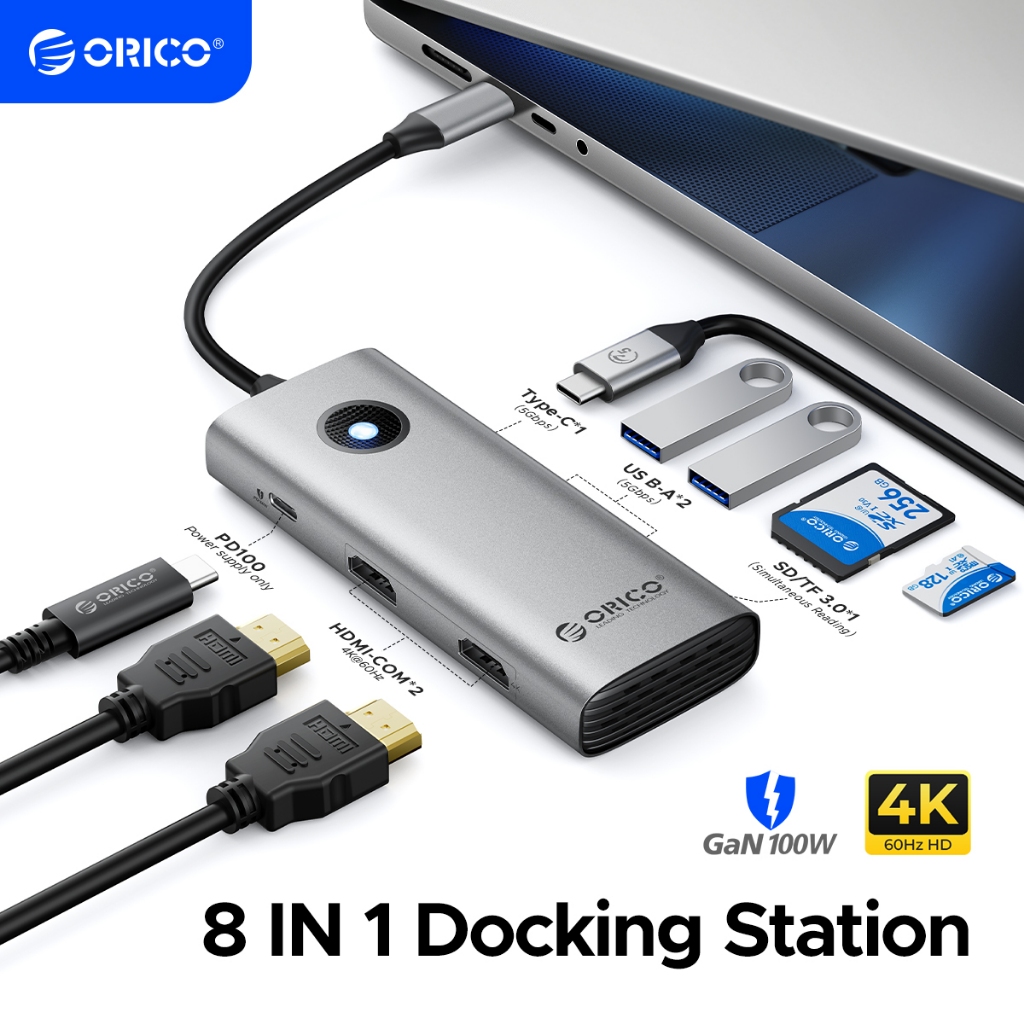 ORICO 8 in 1 Dock Station USB C HUB Dual HDMI 4K อะแดปเตอร์ 100W PD ชาร์จ TF/SD Card reader สําหรับแล็ปท็อป MacBook (PW11-8PH)