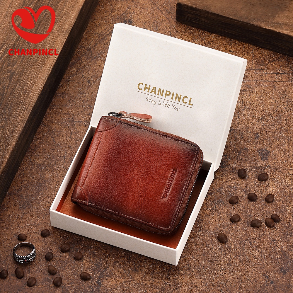 หนังวัวแท้ CHANPINCL ยี่ห้อกระเป๋าสตางค์หรูหราผู้ชาย First Layer Cowhide ซิปสั้น RFID Blocking ชายผู้ถือบัตรกระเป๋า