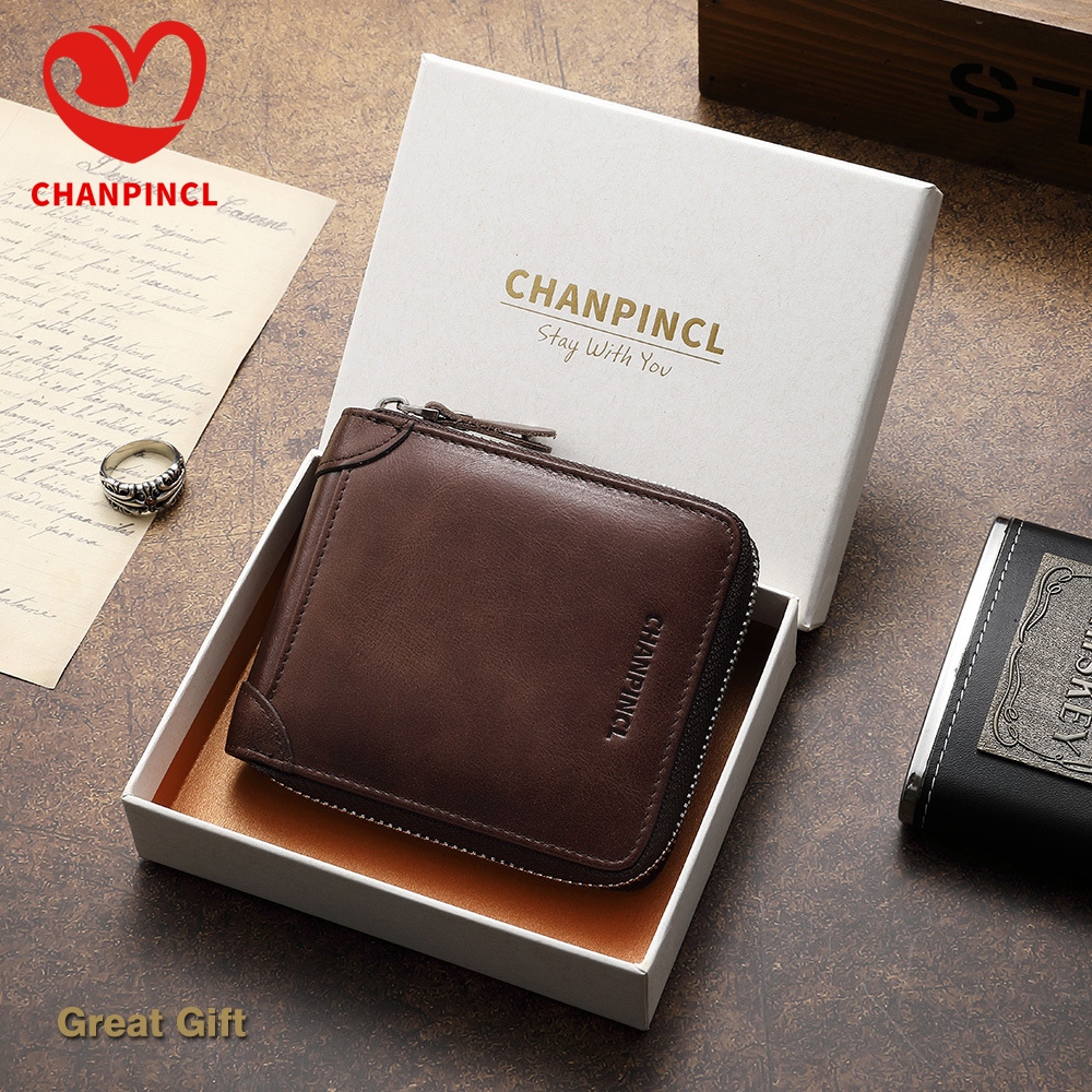 หนังวัวแท้ CHANPINCL ยี่ห้อกระเป๋าสตางค์หรูหราผู้ชาย First Layer Cowhide ซิปสั้น RFID Blocking ชายผู้ถือบัตรกระเป๋า