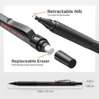 Nicpro 2 ชิ้น ดินสอกด 0.5 มม. & 0.7 มม. พร้อมเคส, MP1000 โลหะชุดดินสอศิลปินพร้อมไส้ตะกั่ว HB 4 หลอด, ยางลบ 2 อัน, ไส้ยางลบ 9 ไส้สําหรับการเขียนศิลปะการวาดภาพ,