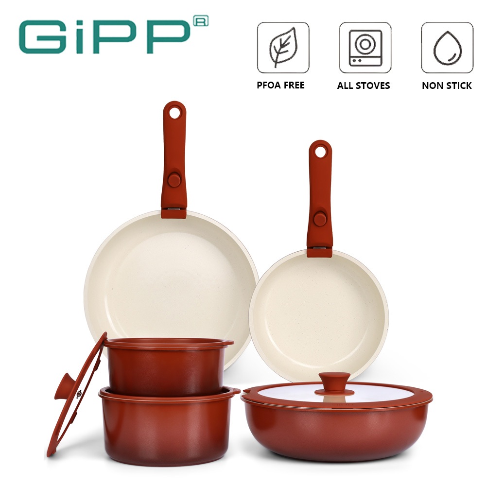 GiPP ชุดเครื่องครัวหินเซรามิกแบบไม่ติดด้ามจับแบบถอดได้ (11 ชิ้น) ปลอดสารพิษ, PFAS& PTFE& PFOA ฟรีเหมาะสําหรับเตาทั้งหมด