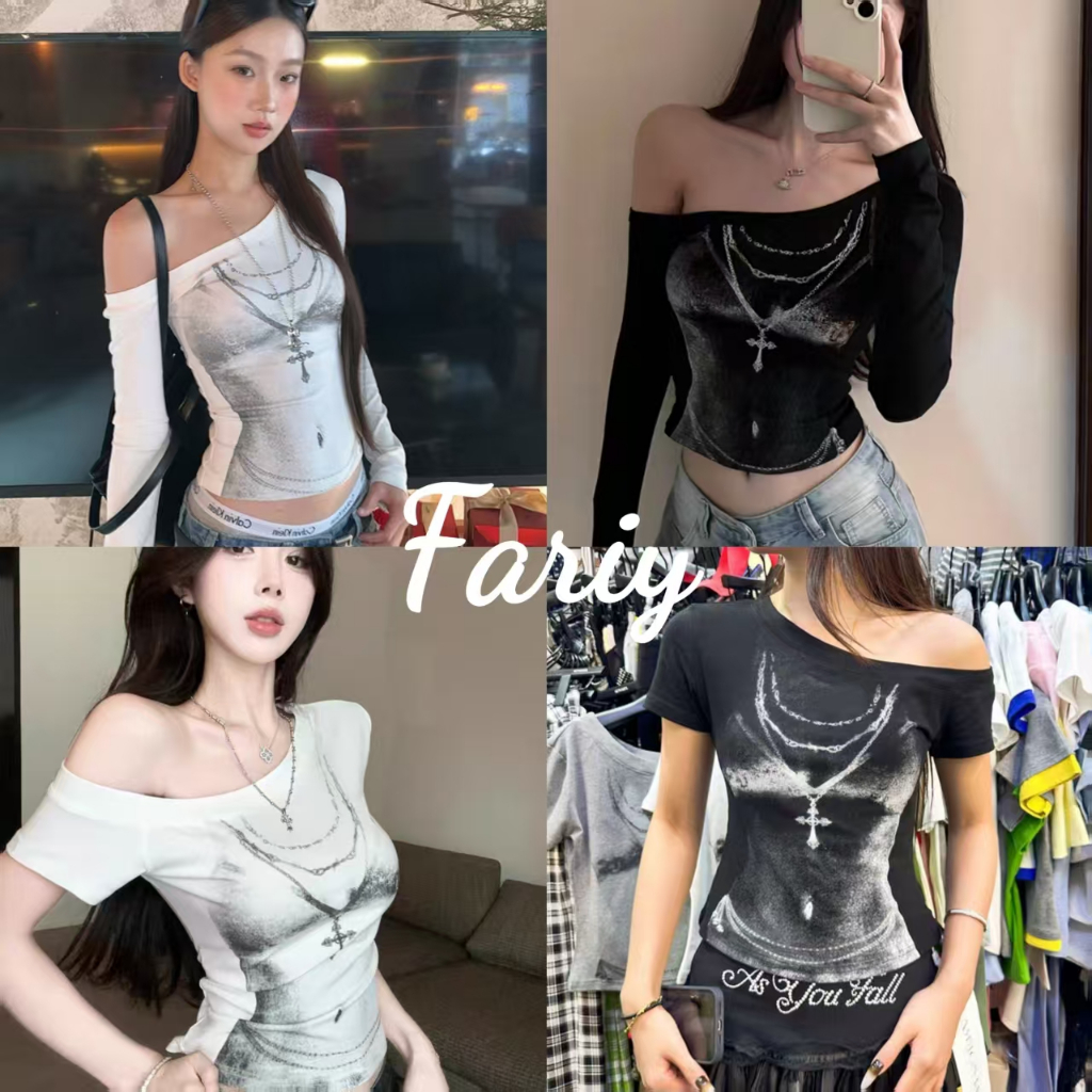 Fariy คลังสินค้าพร้อม เสื้อยืดผู้หญิงแขนยาว สาวฮอต สวยเซ็กซี่ ใส่ผอมทันใจ แฟชั่น น่ารักๆ ไปคาเฟ่ ใส่แล้วดูผอม