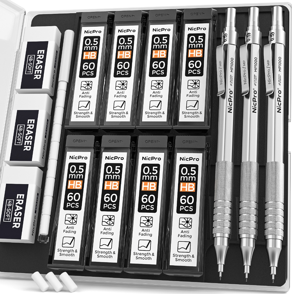 Nicpro 3 ชิ้น 0.5/0.7 มม. MP1000 ชุดดินสอกดพร้อมเคส, ดินสอศิลปินโลหะพร้อมรีฟิล 8 HB, 0.5/0.7 มม., 3 ยางลบ 9 ไส้สําหรับการเขียนสถาปนิกการวาดภาพ