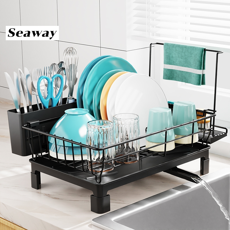 Seaway ชั้นวางจาน 1ชั้น ที่คว่ำจาน เคาน์เตอร์ครัว กันสนิม พร้อมที่ใส่ช้อน ระบายน้ำ เหล็กเคลือบสีดำ ประหยัดพื้นที่